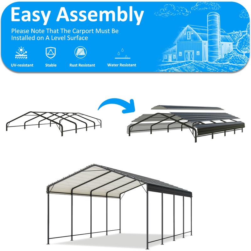 Metal Carport with Enhanced Base Outdoor Heavy Duty Garage Galvanized Car Shelter for Pickup, Boat, Car and Tractors