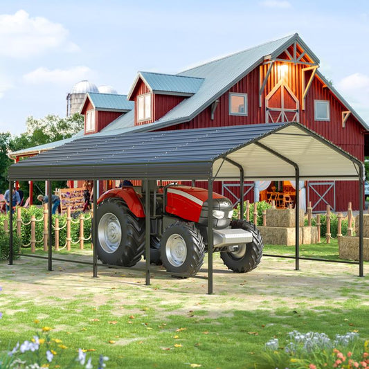 Metal Carport with Enhanced Base Outdoor Heavy Duty Garage Galvanized Car Shelter for Pickup, Boat, Car and Tractors